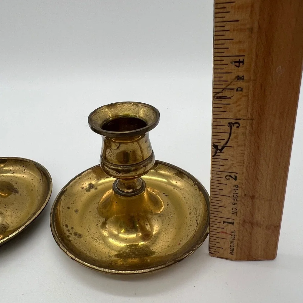 Antique English Brass Chamberstick Candle Holders Pair Stamped England c. 1890